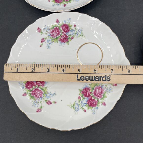 Porcelain Snack Shell Shaped Plates Cups 4 Sets Pink Roses Gold Trim Japan Vtg B - Picture 11 of 13